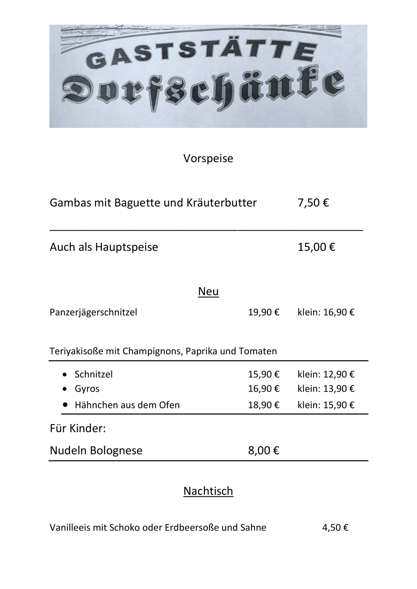 Speisekarte Dorfschränke Aphoven Seite 2 - Steaks und Fleischgerichte